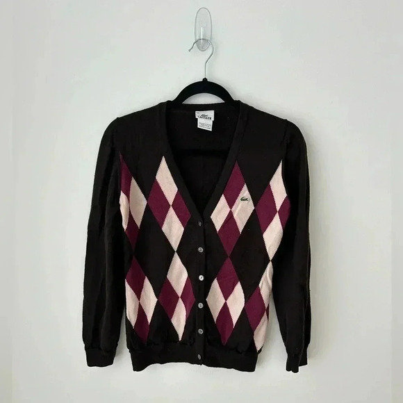 Lacoste fine merino wool argyle brown cardigan  sweater - Picture 1 of 11